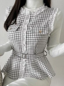 FRIFUL Women's Elegant Commuter Plaid Frill Trim Tank Top With Waist Belt Fall - White - View 6
