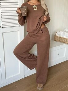 CovetEZ Women's Solid Color Asymmetrical Shoulder Long Sleeve Sweater And Knitted Pants Casual Set - Brown - View 3