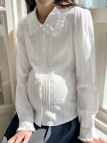 Dazy Maternity Solid Color Loose Long Sleeve Peter Pan Collar Textured Fabric Casual Everyday Versatile Spring Autumn Shirt Maternity Top Vacation - White - View 7