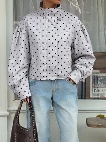 SHEIN EZwear 女款波點拉鍊休閒百搭日常旅行長袖夾克 - 灰色 - 查看 4
