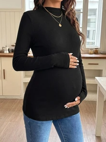 Dazy Maternity Solid Color Slim Fit Elastic Long Sleeve Casual Home Daily Vacation Spring Autumn Top Maternity High Neck Long Sleeve T-Shirt - Black - View 3