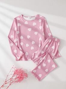 SHEIN Tween Girl Cute Pink Heart Print Long Sleeve Top And Long Pants 2 Pieces Loungewear Set - Baby Pink - View 6