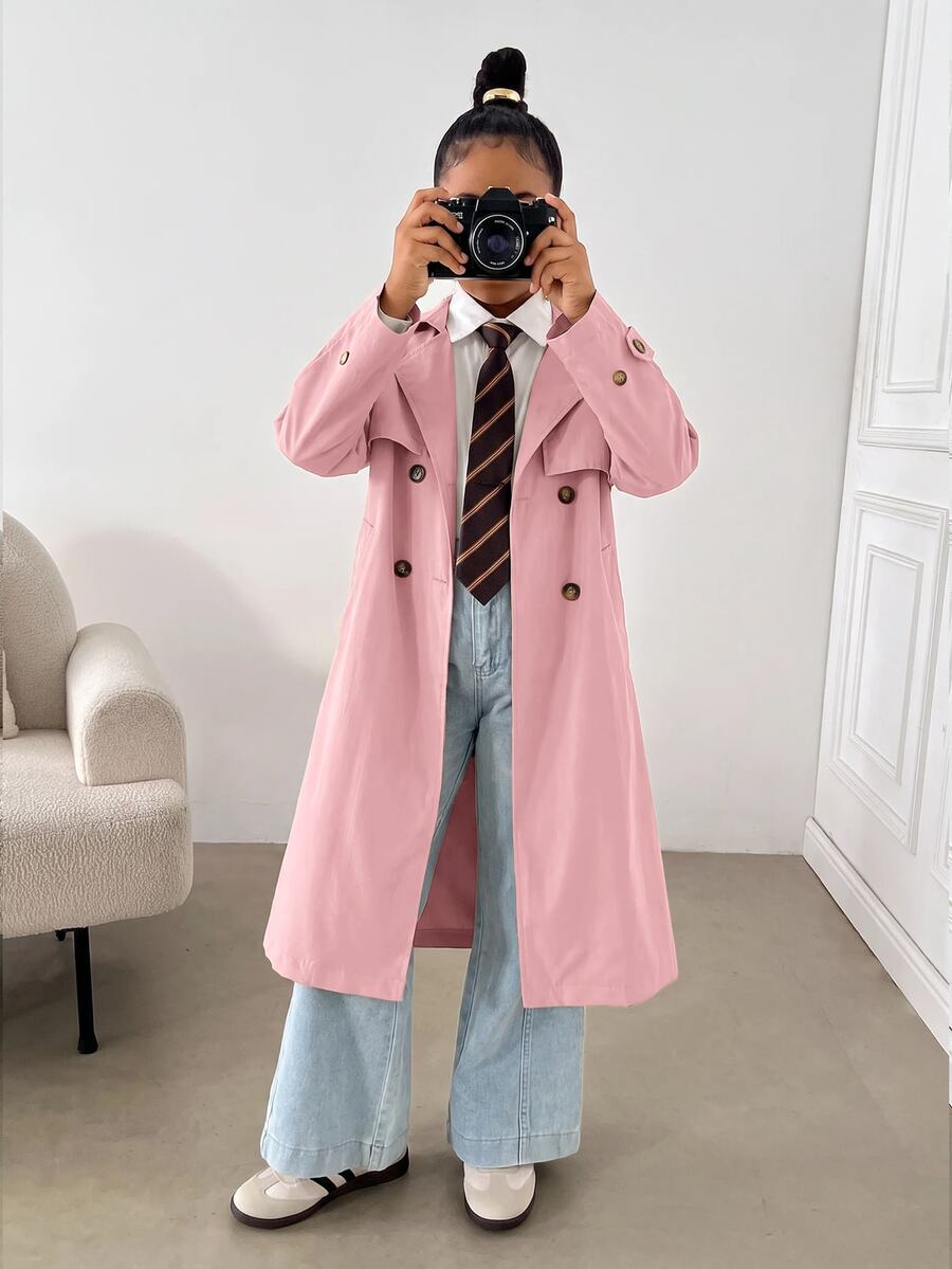 SHEIN 兒童青少年女孩時尚休閒卡其色梭織雙排扣翻領寬鬆長款風衣大衣,秋冬款,休閒風格,通勤與街頭穿搭 - 粉色 - 查看 1