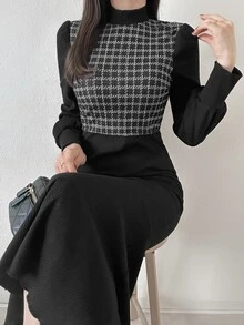 FRIFUL Women's Houndstooth Stand Collar Long Sleeve Elegant Dress - Black - View 6