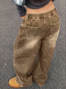Dazy Plus Vintage Loose Street Style Washed Distressed Brown Straight Leg Jeans, Versatile All Season - Brown - View 4