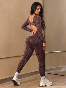 Slayform Women's Leopard Print Cutout Design Long Sleeve Sports Jumpsuit - Brown - View 2