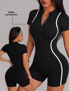 Slayform Short Sleeve Zipper Shorts Jumpsuit/White Line Contrast Color/Fashion Sexy/Comfortable Versatile - Black - View 1