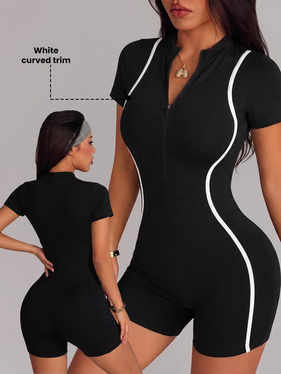 Slayform Short Sleeve Zipper Shorts Jumpsuit/White Line Contrast Color/Fashion Sexy/Comfortable Versatile - Black - View 1