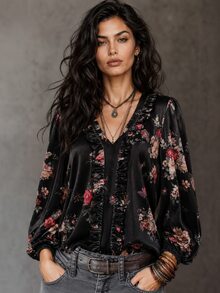 LUMIGAL Women's Elegant Floral Print Top For Autumn - Black - View 3