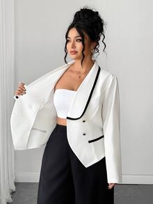 Elenzga Plus Size Women's Colorblock Casual Commute Blazer - Apricot - View 8