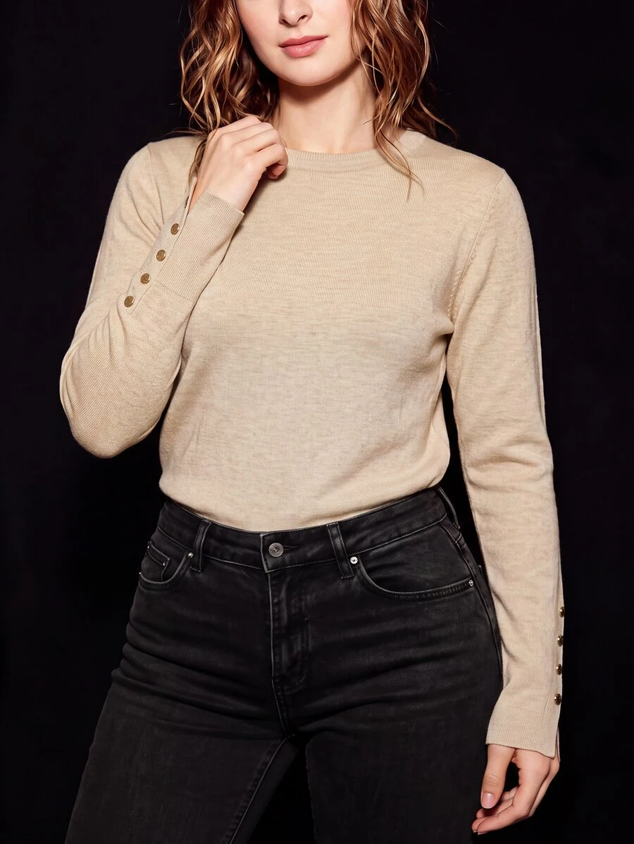SHEIN LUNE CURVE Plus Size Fashion Button Long Sleeve Crew Neck Pullover Sweater Winter - Apricot - View 1