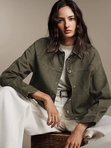 Anewsta Essential Women's Vintage American Style Washed Denim Collared Short Jacket In Army Green, Autumn/Winter - Green - View 5
