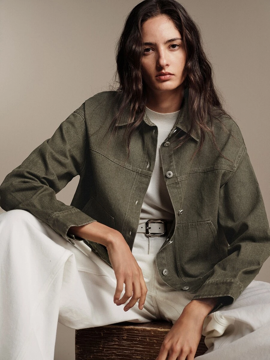 Anewsta Essential Women's Vintage American Style Washed Denim Collared Short Jacket In Army Green, Autumn/Winter - Green - View 1