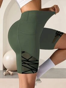 Easithlete Easithlete 女款拼接幾何網布口袋運動健身低腰緊身短褲 健身跑步 深色水洗 夏季 - 軍綠色 - 查看 6
