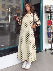 Al Najma Round Neck Woven Trim Brown Polka Dot Dress - Multicolor - View 1