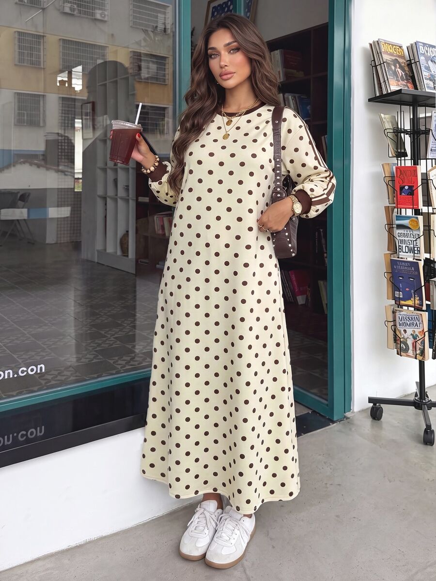 Al Najma Round Neck Woven Trim Brown Polka Dot Dress - Multicolor - View 1