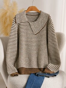 CosyJoli Women's Ribbed Asymmetrical Oversized Collar Knit Sweater, Ribbed Long Sleeve Top, Autumn/Winter - Brown - View 1