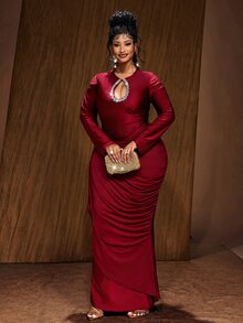 Maweii Women's Rhinestone Decorated Hollow Pleated Elegant Waist-Cinching Long Sleeve Dress Fall - Burgundy - View 8