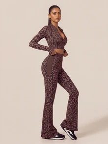 SHEIN BAE Women's Leopard Print High Waist Casual Daily Sports Tight Flare Leggings - Coffee Brown - View 6
