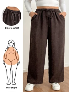 Shapeblank Plus-Size Women's Spring And Autumn Fashion Casual Loose Comfortable Everyday Basic Versatile Brown Thin Elastic Waist Wide-Leg Pants,Women Bottom - Brown - View 1