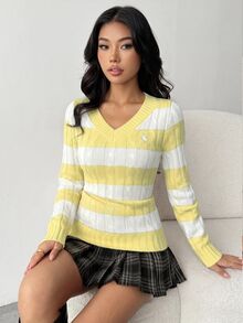 SHEIN 青少年女孩條紋V領學院風拼色針織修身舒適套頭毛衣 - 黃色 - 查看 8