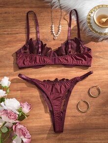 SHEIN Esselle 2件組女款刺繡鋼圈性感內衣套裝 - 中紫紅色 - 查看 2