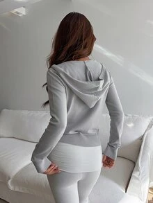 DAZY Women's Rhinestone Decorated Fitted Long Sleeve Zip-Up Hooded Casual Vacation Korean Style Autumn/Winter Knit Cardigan - Grey - View 3