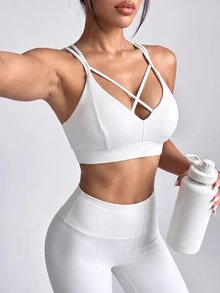 SHEIN Dewbera 2026 New Women's Sports Bra With Cross Front Spaghetti Strap, Double Layer Spaghetti Strap Deep V Neck Yoga Crop Top, Fitness Training Camisole, Gym Workout Daily Wear Sports T-Shirt Tank Top - Beige - View 3