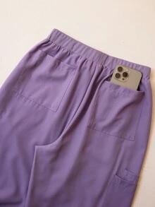 TaskEZ Blue Small Stand Collar Short Sleeve Round Hem Pullover Top With Multiple Pockets And Cuffed Pants, Sporty 2 Pieces Scrub Set Work Autumn Maid - Purple - View 8