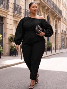 Slaydiva Plus Size Jumpsuit, Black Off Shoulder Puff Sleeve High Waist Slim Fit Romper - Black - View 11