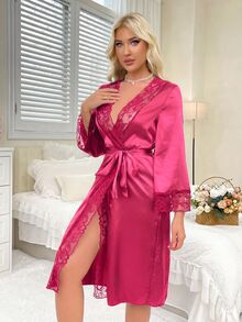 HautHeat Women's Solid Color Contrast Lace Long Sleeve Elegant Robe - Burgundy - View 5
