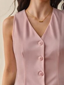 SHEIN Tall 秋冬款純色鈕扣前襟背心西裝外套 - 粉色 - 查看 6
