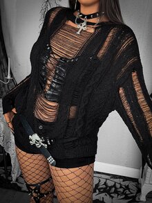 SHEIN Whyspr Plus Size Distressed Hollow Out Cable Knit Long Sleeve Top, Y2K Ripped Sheer Fringe Sweater, Spring Summer See Through Loose Grunge Knit Cover Up Shir - Black - View 6