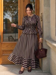Lounesse Plus Size Striped Ruched Waist Blouse And Long Skirt 2 Pieces Set Brunch Evening Formal Chocolate Brown Autumn Elegant Casual Elegant - Multicolor - View 2