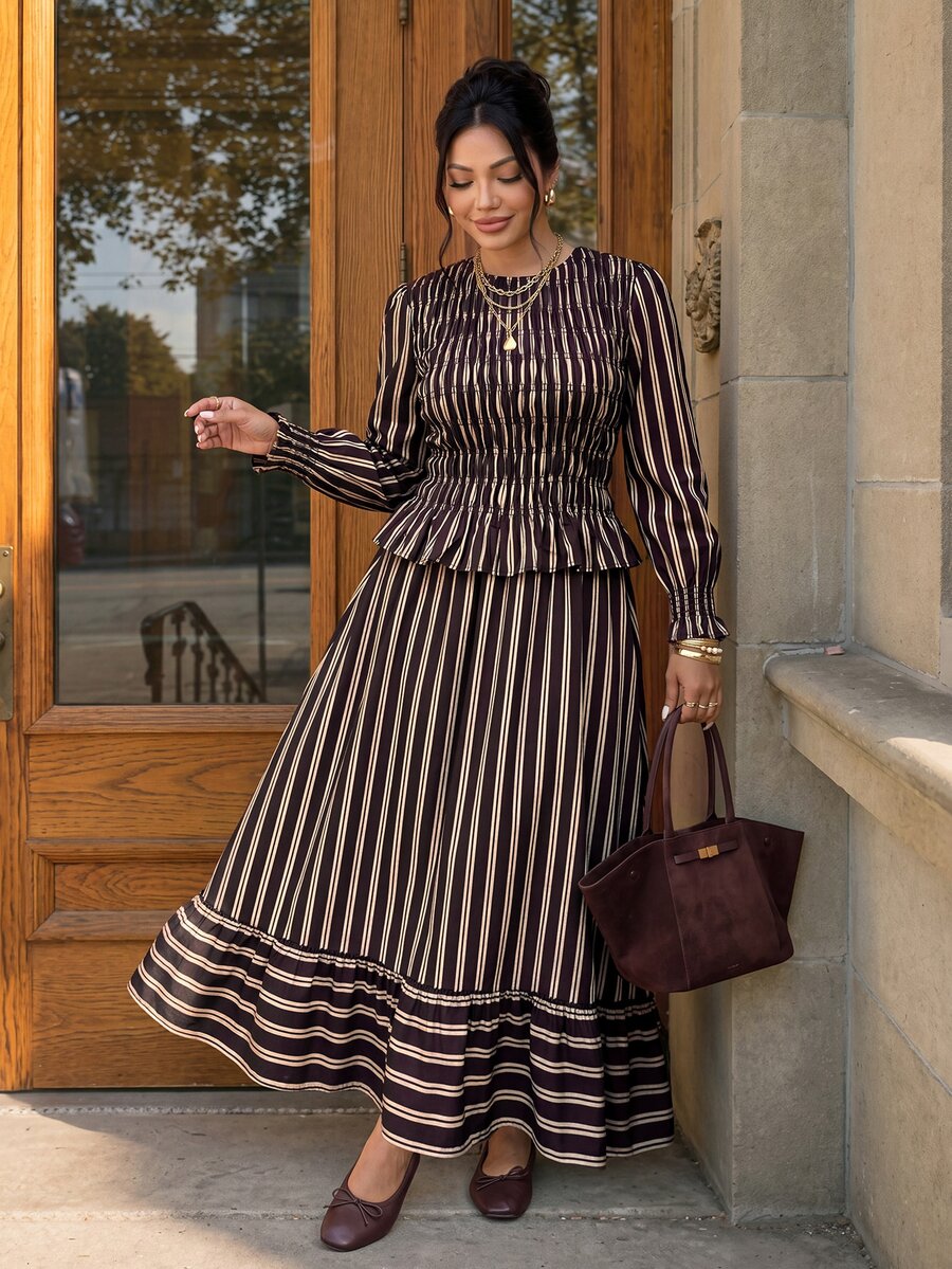 Lounesse Plus Size Striped Ruched Waist Blouse And Long Skirt 2 Pieces Set Brunch Evening Formal Chocolate Brown Autumn Elegant Casual Elegant