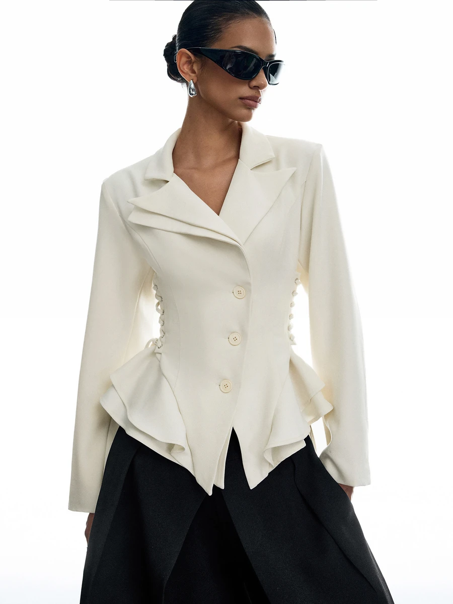 LYSMO Women's Solid Color Tie Design Casual Commute Blazer Autumn Winter Jacket, Elegant Women's Blouses Y2K, Work Tops For Women, Chic Unique Blouse - Apricot - View 1
