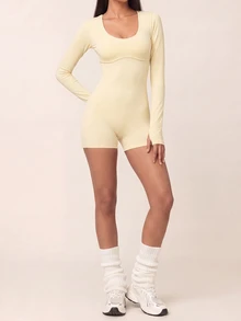 SHEIN BAE 女款純色休閒日常旅行運動連身褲 - Butter Yellow - 查看 4
