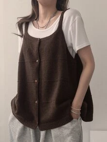 DAZY Women's Front Button Camisole Knit Top - Brown - View 2