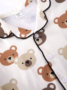 SHEIN Cartoon Cute Bear Print Short Sleeve Lapel Button-Up Top And Elastic Waist Long Pants 2 Pieces Set, Printed Pajama Set Homewear Suitable For Spring And Summer - Multicolor - View 4