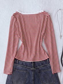 Tween Girl Tween Girl Tween Girls Striped Ruched Chest Long Sleeve Lace Trim - Red - View 4