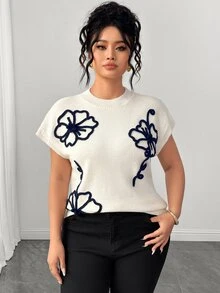 Elenzga Women's Spring/Summer New Single Piece Round Neck Sleeveless Machine Embroidered Floral Pattern French Style Elegant Loose Regular Fit Knit Pullover Lady Daily Versatile Fashion Plus Size Top - Beige - View 7