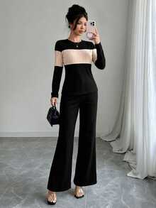SHEIN Women's Colorblock Long Sleeve Crew Neck T-Shirt And Pocket Pants 2 Pieces Set - Black - View 5