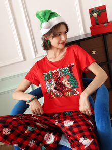 Chillnights Sweet & Cute Christmas Print Colorblock Crew Neck Pullover Women's Pajama Set - Multicolor - View 3
