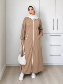 Solavon Gaun Kasual Musim Gugur Ukuran Besar dengan Resleting Depan dan Tudung - MultiWarna - View 5
