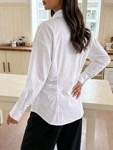 Dazy Maternity Solid Color Fitted Pleated Long Sleeve White Shirt Casual Korean Style Spring/Autumn Maternity Top - White - View 2