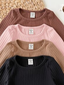 SHEIN 4件組女嬰休閒可愛針織百搭純色長袖上衣 - 藕粉色 - 查看 8