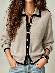 LUMIGAL Women's Colorblock Drop Shoulder Long Sleeve Single-Breasted Casual Knit Cardigan - Khaki - View 4