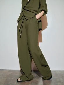 MOTF PREMIUM URBAN LOW WAIST ELASTIC WAIST DRAWSTRING DECOR WIDE LEG LONG PANTS SPRING SUMMER - Olive Green - View 5