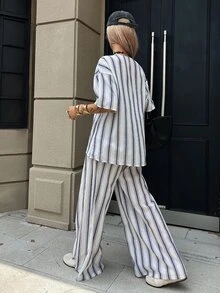 DAZY 春夏女款寬鬆襯衫上衣，飄逸白色兩件套 - 藍色 - 查看 2