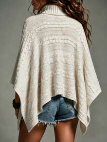 SHEIN This Off-White Turtleneck Poncho Features Intricate Cable Knit Stitching All Over. Loose Relaxed Cut - Apricot - View 2